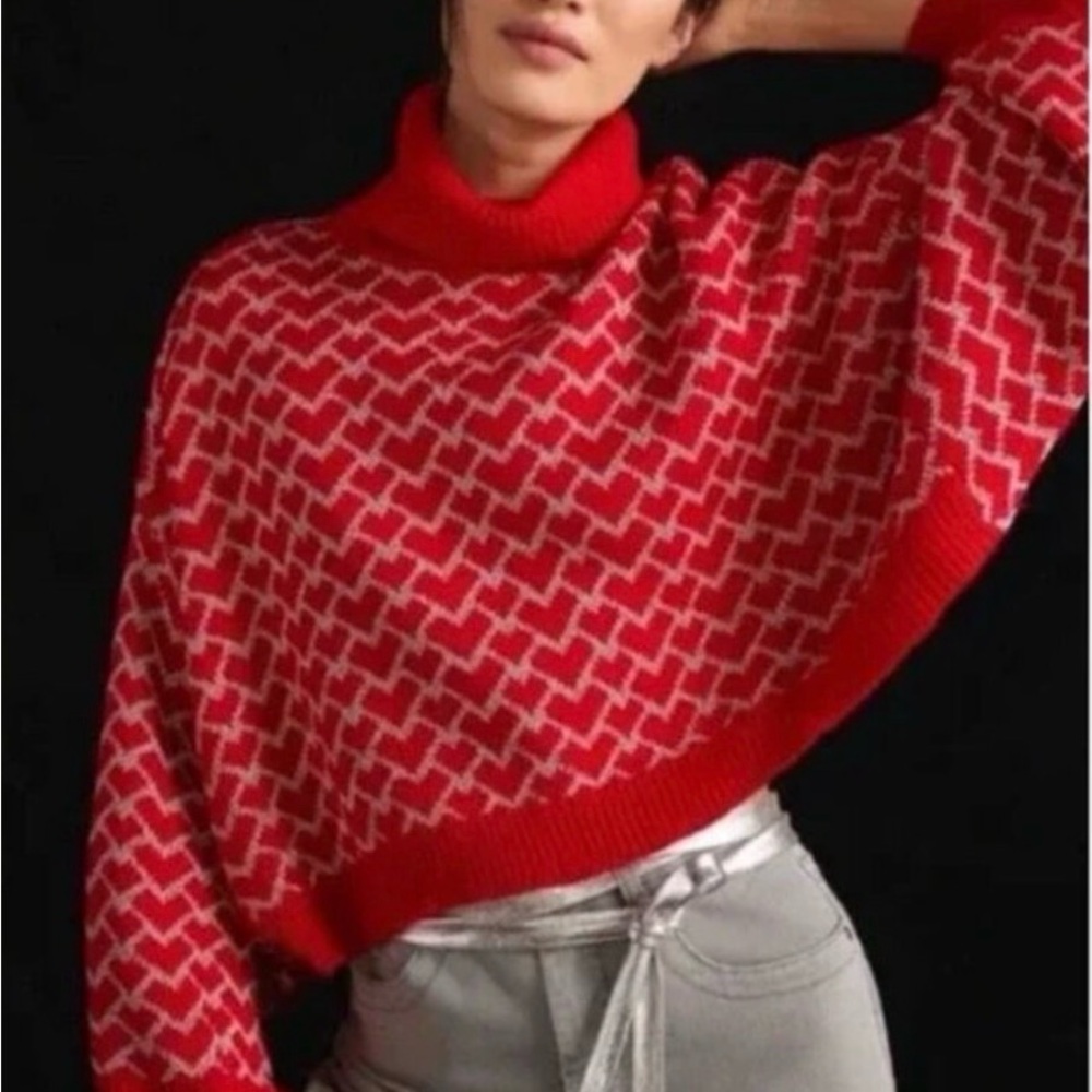 Anthropologie Molly Bracken Red Hearts Crop Turtleneck Sweater XS
